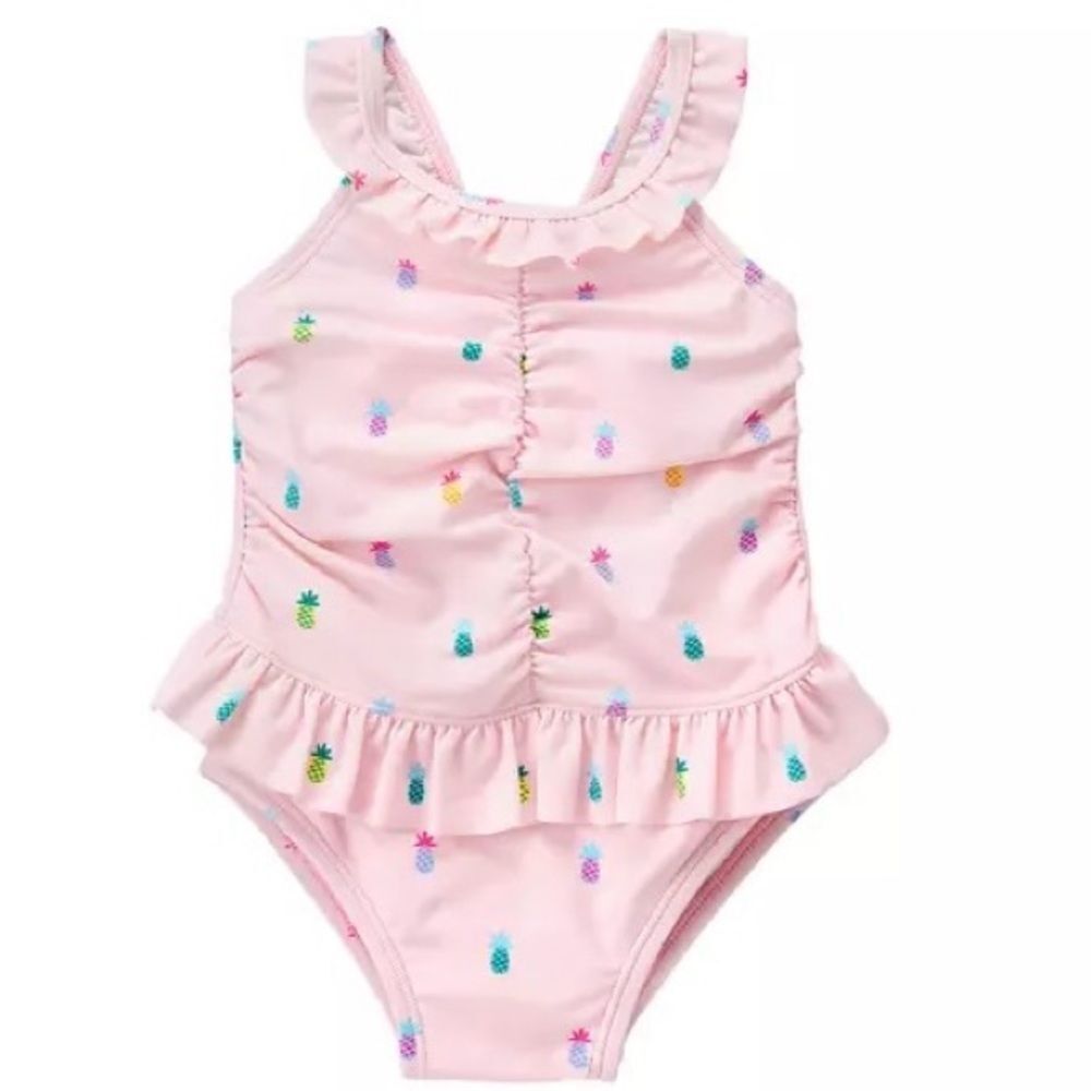 Janie & Jack Baby Girls Pink Bow Back Pineapple One Piece Swimsuit. 6-12 Months.
